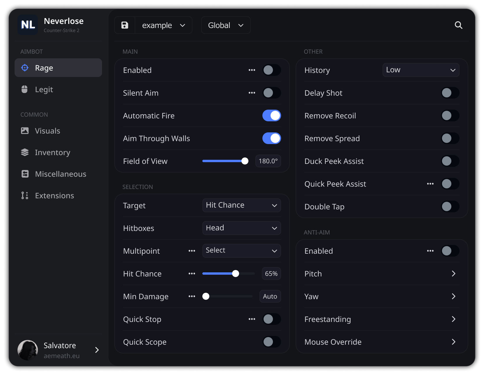 Neverlose Counter-Strike 2 interface